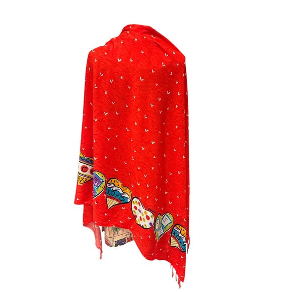 Sally Huss Red Heart Patterned Rayon Shawl Wrap Scarf With Fringe - Picture 8 of 10